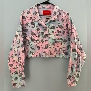 NEW Signature8 Women Cropped Denim Jacket Paisley Print Tie Dye Size Medium